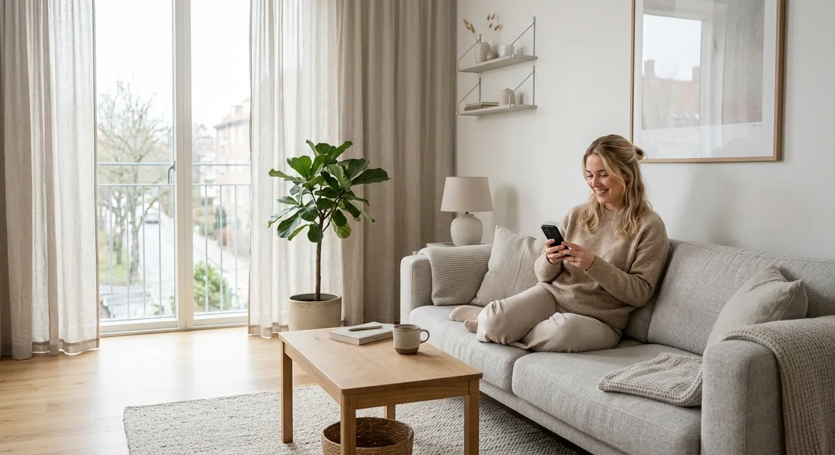 En kvinde slapper af med sin telefon i en lys stue med skandinavisk design, hvilket symboliserer en balanceret digital hverdag.