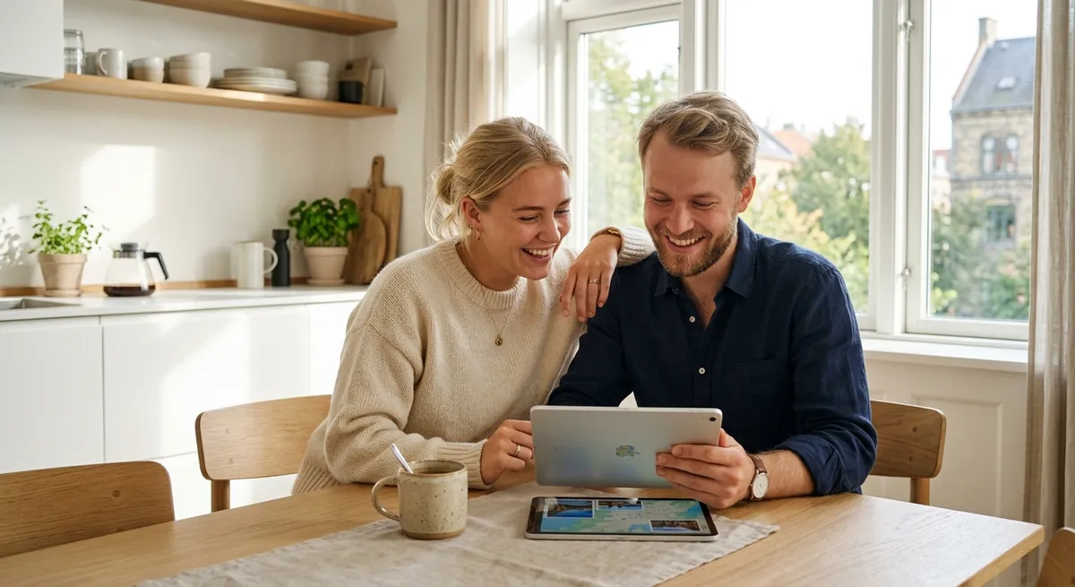 En ung mand og kvinde planlægger deres hverdagsøkonomi ved et lyst træbord i et minimalistisk skandinavisk køkken.